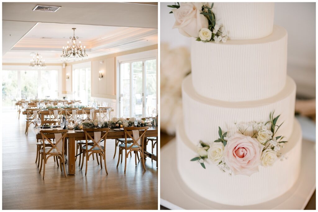 indoor reception and cake details at Bear Brook Valley wedding venue
