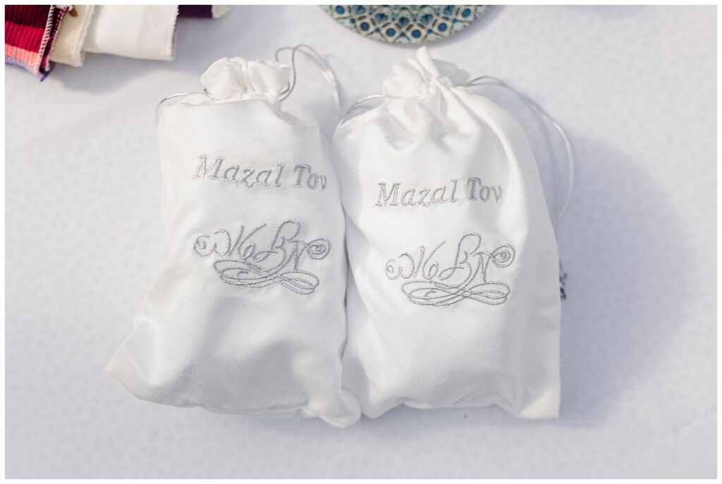 white Mazel Tov bags at summer Jewish wedding in the Hudson Valley
