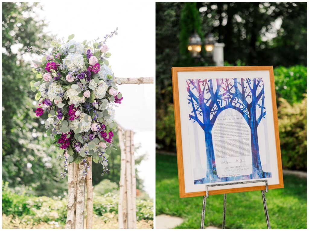 wedding flowers hanging on the chuppah for summer ceremony