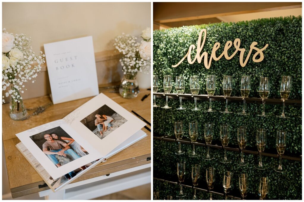 green backdrop champagne wall with a cheers sign above 