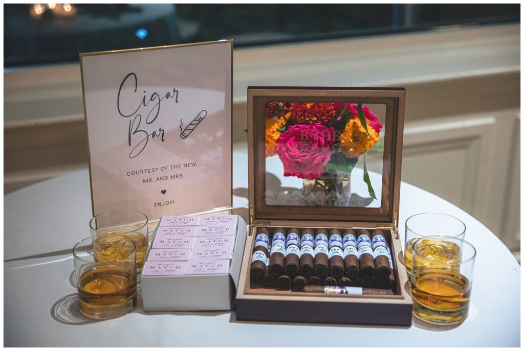 cigars, bourbon, and matches at fall reception in Asbury Park