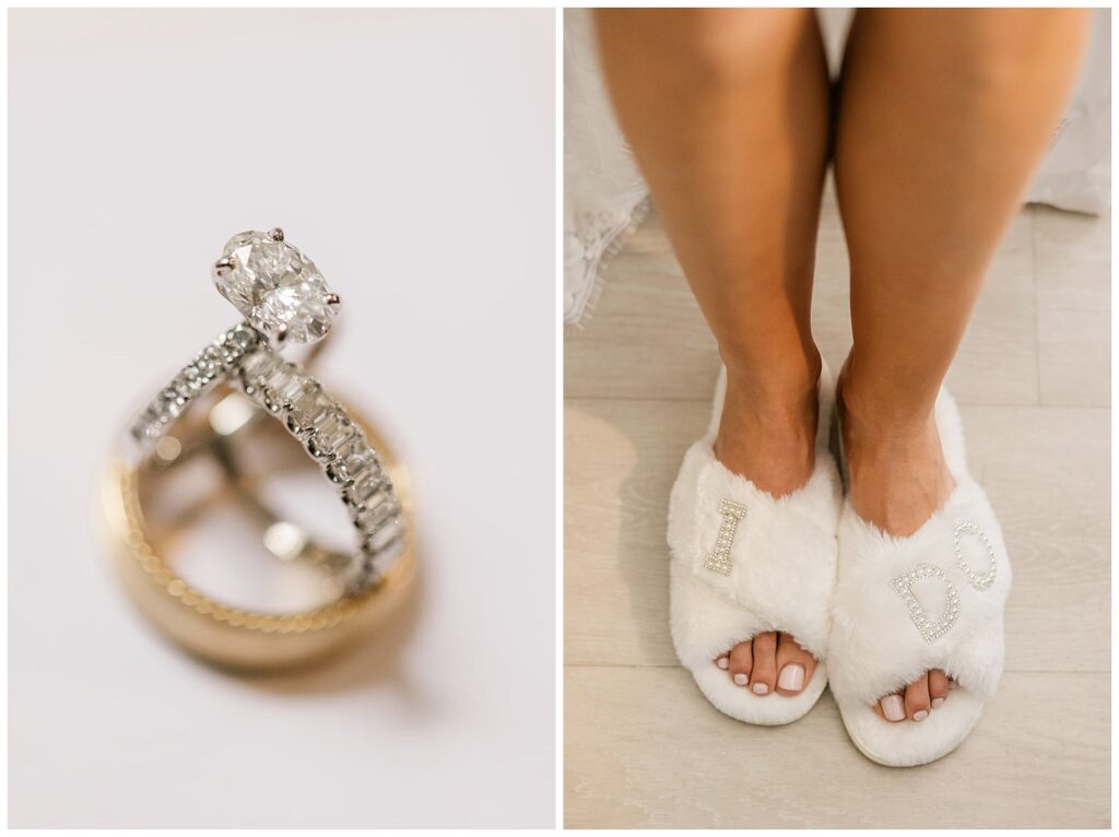 bride wearing white slippers that say I Do