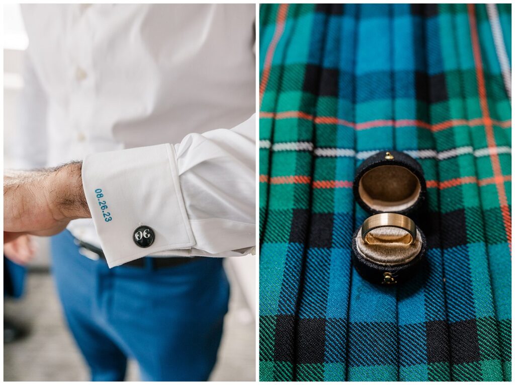 close up detail of the groom's ring sitting on his family's Scottish kilt