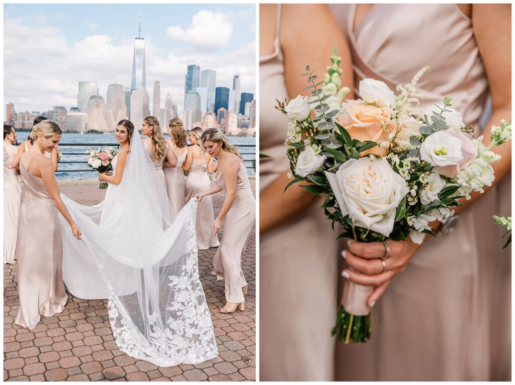 bridesmaids posing and holding the bride's veil next to the Hudson River