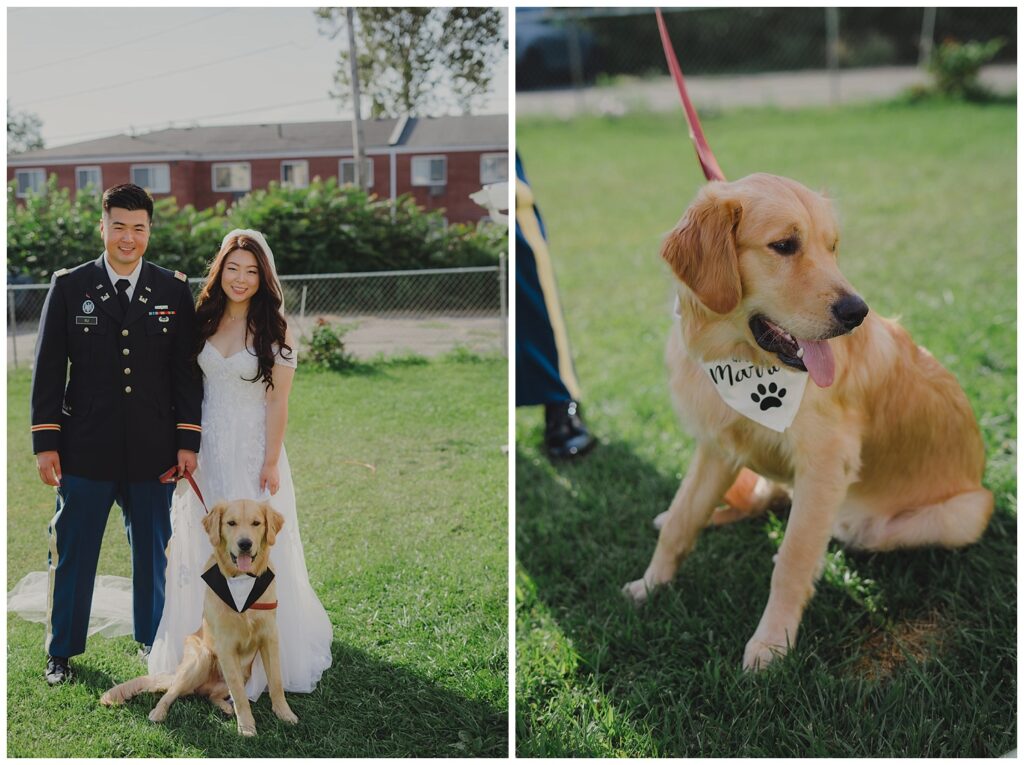 bride and groom posing with their dog outside at the reception venue