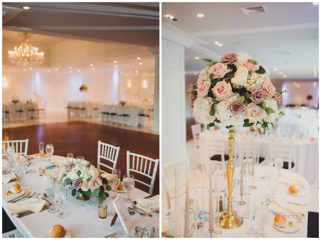 floral arrangements on reception tables at fall wedding reception in New York