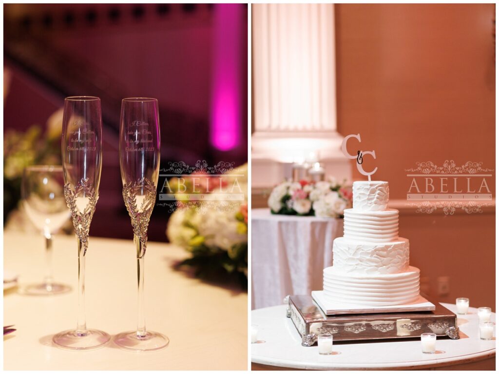 white four tiered cake with the couple's initials on top at the Palace at Somerset Park venue