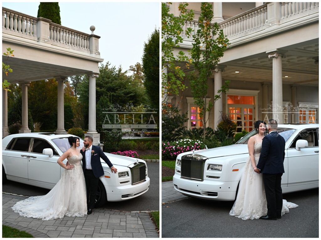 bride and groom posing next to a white Rolls Royce at the Palace at Somerset Park wedding venue