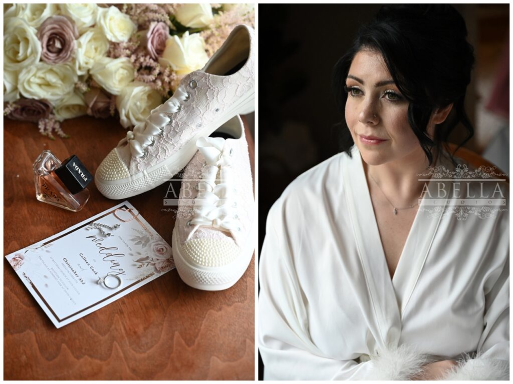 wedding details with lace and pearl decorated canvas shoes